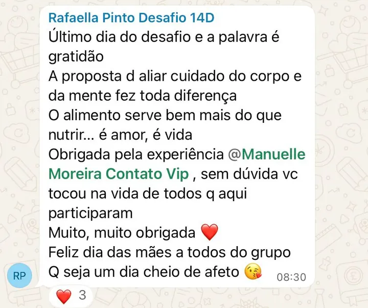 Depoimento de participante agradecendo pela experiência do desafio de 14 dias