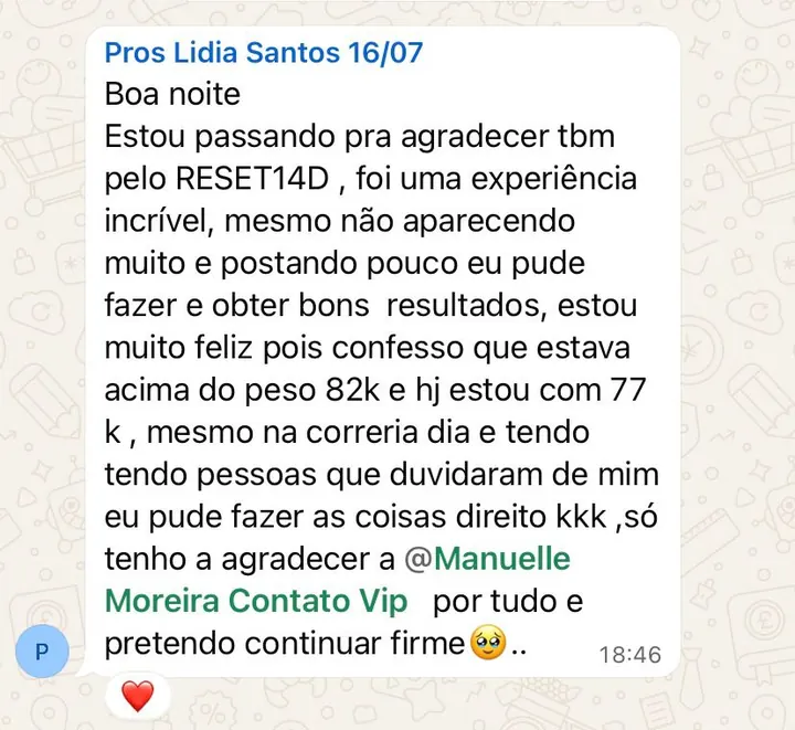 Depoimento de participante que saiu de 82 kg para 77 kg com o Reset14D