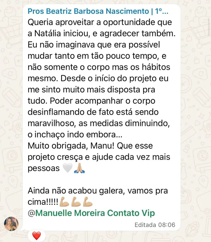 Depoimento de participante relatando mudança de hábitos e redução de medidas