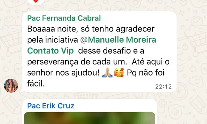 Depoimento de participante agradecendo pela iniciativa do desafio
